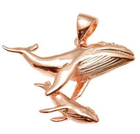 YELLOW ROSE GOLD PLATED SILVER 925 HAWAIIAN HUMPBACK WHALE MOTHER BABY PENDANT