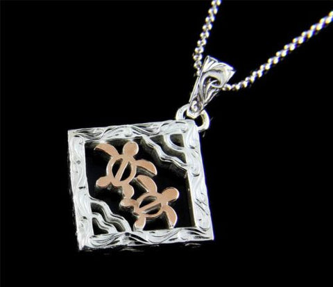 THICK SILVER 925 HAWAIIAN SCROLL 2 ROSE GOLD PLATED HONU TURTLE SQUARE PENDANT