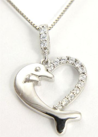 SOLID 14K WHITE GOLD SPARKLY HAWAIIAN SHINY DOLPHIN CZ HEART PENDANT 14.7MM