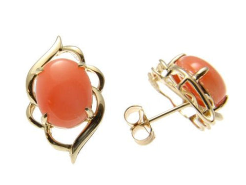 GENUINE NATURAL OVAL CABOCHON PINK CORAL STUD POST EARRINGS 14K YELLOW GOLD