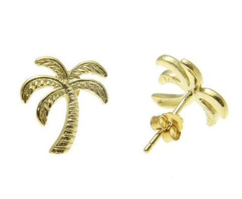 YELLOW GOLD ON 925 STERLING SILVER HAWAIIAN PALM TREE STUD POST EARRINGS 11.30MM