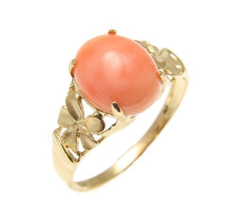 GENUINE NATURAL PINK CORAL RING HAWAIIAN PLUMERIA FLOWER SOLID 14K YELLOW GOLD