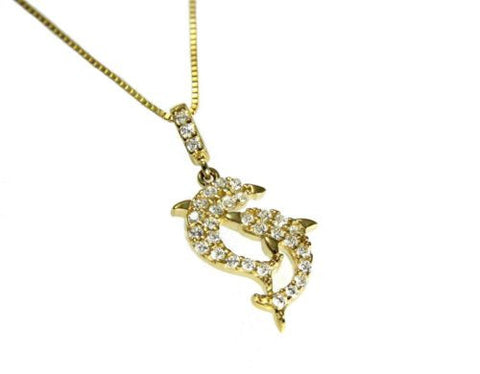 SOLID 14K YELLOW GOLD SPARKLY CLEAR CZ HAWAIIAN DOUBLE DOLPHIN PENDANT 12.5MM