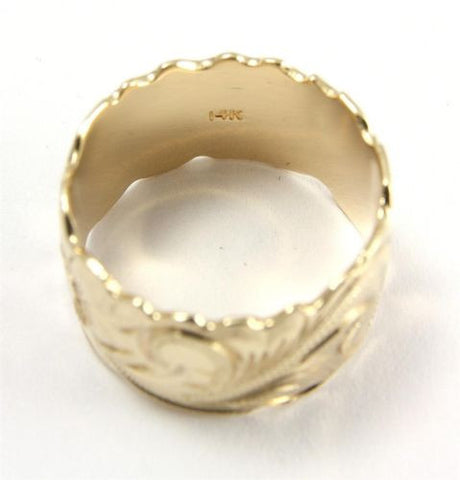 14K YELLOW GOLD HAND ENGRAVED HAWAIIAN PLUMERIA SCROLL BAND RING CUT OUT 15MM