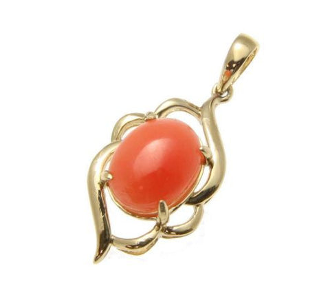 GENUINE NATURAL OVAL CABOCHON PINK CORAL PENDANT IN SOLID 14K YELLOW GOLD