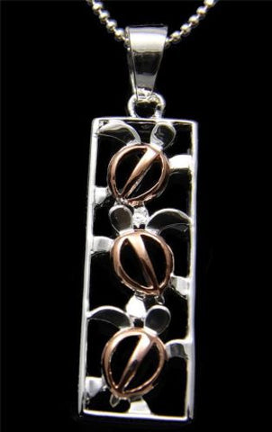 SILVER 925 HAWAIIAN 3 CUT OUT ROSE PINK GOLD PLATED HONU TURTLE VERTICAL PENDANT