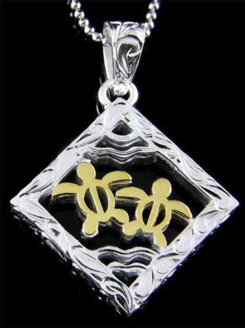 THICK SILVER 925 HAWAIIAN SCROLL 2 YELLOW GOLD PLATED HONU TURTLE SQUARE PENDANT