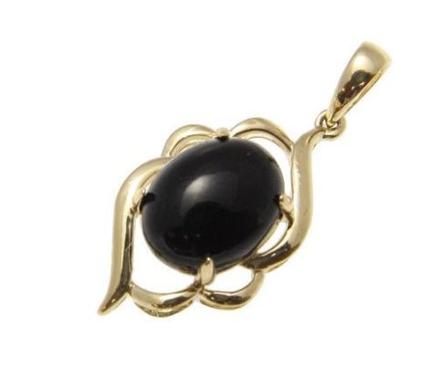 GENUINE NATURAL OVAL CABOCHON BLACK CORAL PENDANT IN SOLID 14K YELLOW GOLD