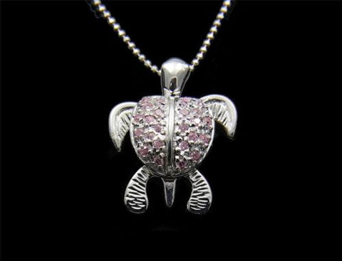 STERLING SILVER 925 HAWAIIAN 3D MOVING SEA TURTLE PENDANT PINK CZ 18.70MM