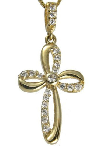 SOLID 14K YELLOW GOLD SPARKLY CLEAR CZ FANCY SHINY CROSS PENDANT SMALL 12MM