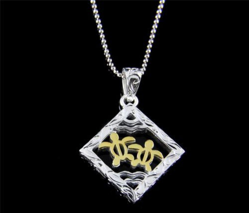 THICK SILVER 925 HAWAIIAN SCROLL 2 YELLOW GOLD PLATED HONU TURTLE SQUARE PENDANT