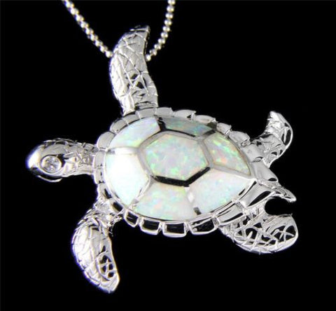 INLAY OPAL HAWAIIAN SEA TURTLE PENDANT SOLID 925 STERLING SILVER LARGE 35MM