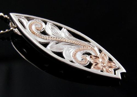 SILVER 925 ROSE GOLD PLATED HAWAIIAN CUT OUT PLUMERIA SCROLL SURFBOARD PENDANT