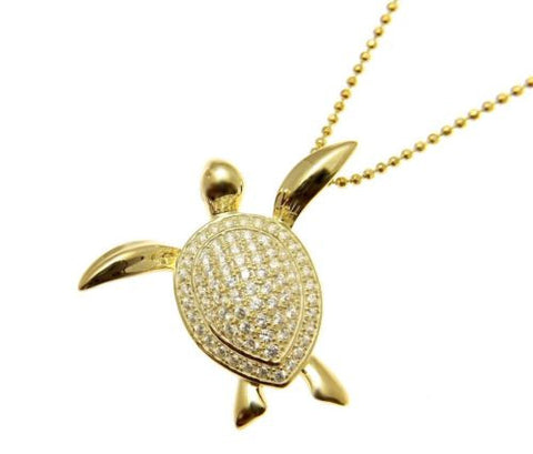 YELLOW ROSE GOLD PLATED RHODIUM SILVER 925 HAWAIIAN SWIMMING SEA TURTLE PENDANT