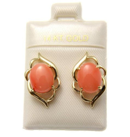 GENUINE NATURAL OVAL CABOCHON PINK CORAL STUD POST EARRINGS 14K YELLOW GOLD