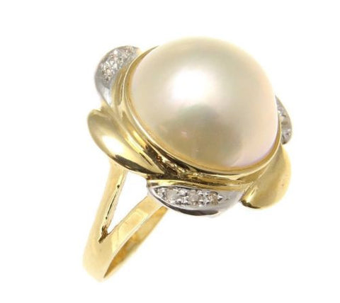 GENUINE 14MM MABE PEARL DIAMOND RING SOLID 14K YELLOW GOLD