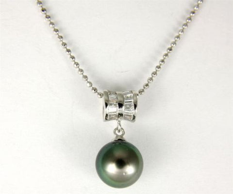 9.05MM GENUINE TAHITIAN PEARL PENDANT SOLID 925 SILVER CZ (18" CHAIN INCLUDED)