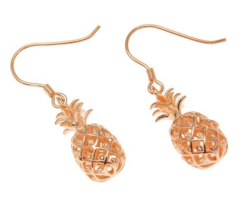 ROSE GOLD ON STERLING SILVER 925 HAWAIIAN 3D PINEAPPLE HOOK EARRINGS 8.35MM