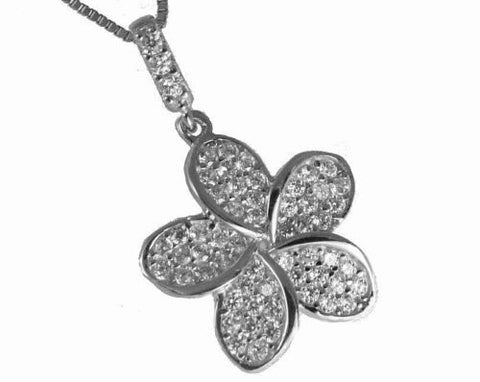 SOLID 14K WHITE GOLD SPARKLY BLING CZ HAWAIIAN PLUMERIA FLOWER PENDANT 13.5MM