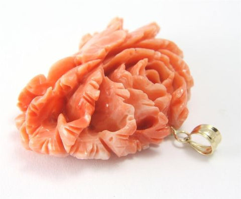 GENIUNE NATURAL CARVED PINK CORAL FLOWER PENDANT 14K YELLOW GOLD THICK HEAVY