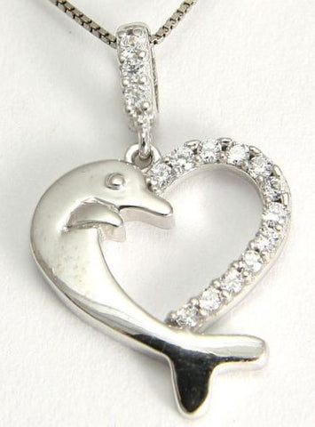 SOLID 14K WHITE GOLD SPARKLY HAWAIIAN SHINY DOLPHIN CZ HEART PENDANT 14.7MM