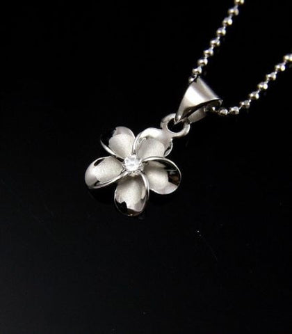 STERLING SILVER 925 HAWAIIAN FANCY PLUMERIA FLOWER PENDANT RHODIUM SMALL 10MM