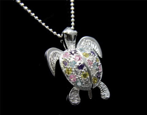 STERLING SILVER 925 HAWAIIAN 3D MOVING SEA TURTLE PENDANT MULTI COLOR CZ 18.70MM