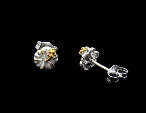 YELLOW GOLD PLATED 2 TONE SILVER 925 HAWAIIAN HIBISCUS STUD EARRINGS 6MM -15MM