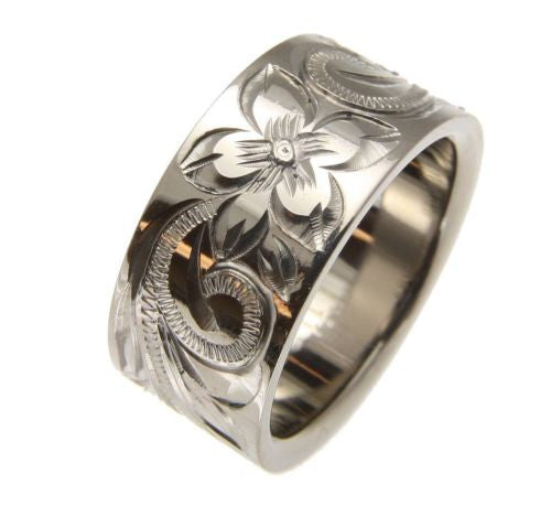 14K White Gold 8MM Ring Hand Engraved With Simple Diamond Setting