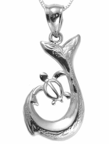 SOLID 14K WHITE GOLD HAWAIIAN SCROLL FISH HOOK HONU TURTLE PENDANT