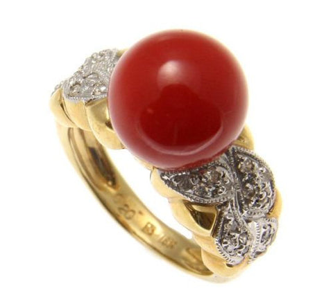 GENUINE NATURAL NOT ENHANCED RED CORAL BALL DIAMOND RING SOLID 18K YELLOW GOLD