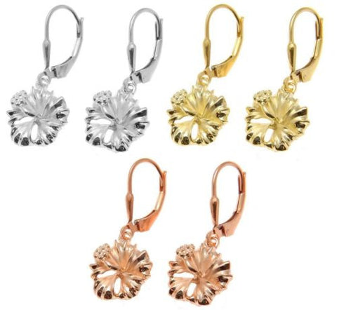 YELLOW ROSE GOLD PLATED SILVER 925 HAWAIIAN HIBISCUS LEVERBACK EARRINGS 12MM