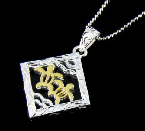 THICK SILVER 925 HAWAIIAN SCROLL 2 YELLOW GOLD PLATED HONU TURTLE SQUARE PENDANT