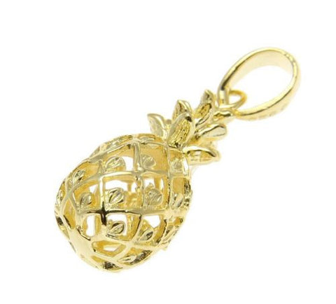 YELLOW GOLD ON STERLING SILVER 925 HAWAIIAN 3D PINEAPPLE CHARM PENDANT 10MM