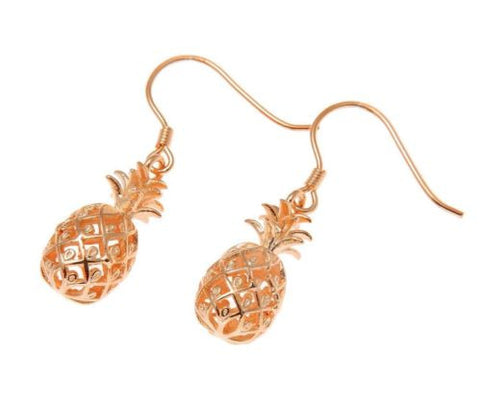 ROSE GOLD ON STERLING SILVER 925 HAWAIIAN 3D PINEAPPLE HOOK EARRINGS 8.35MM