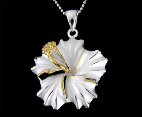 YELLOW GOLD PLATED 2TONE SILVER 925 HAWAIIAN HIBISCUS FLOWER PENDANT 12MM - 25MM
