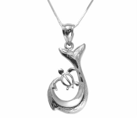 SOLID 14K WHITE GOLD HAWAIIAN SCROLL FISH HOOK HONU TURTLE PENDANT