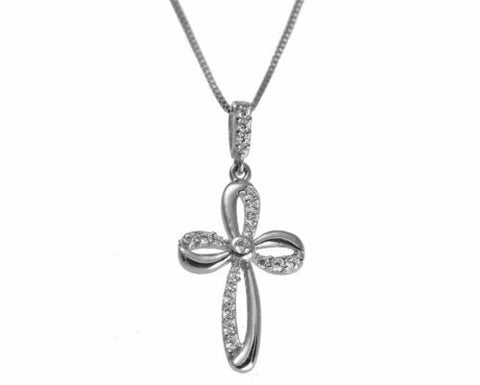 SOLID 14K WHITE GOLD SPARKLY CLEAR CZ FANCY SHINY CROSS PENDANT SMALL 12MM