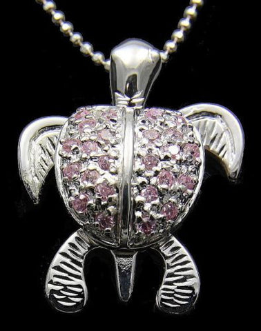 STERLING SILVER 925 HAWAIIAN 3D MOVING SEA TURTLE PENDANT PINK CZ 18.70MM