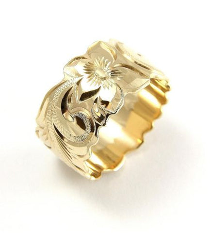 14K YELLOW GOLD HAND ENGRAVED HAWAIIAN PLUMERIA SCROLL BAND RING CUT OUT 10MM
