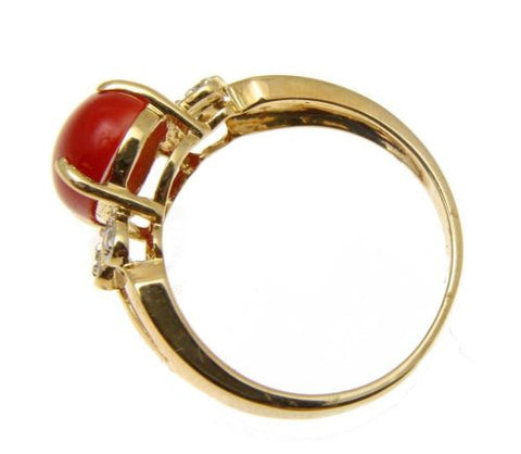 GENUINE NATURAL CABOCHON RED CORAL DIAMOND RING SET IN SOLID 14K YELLOW GOLD