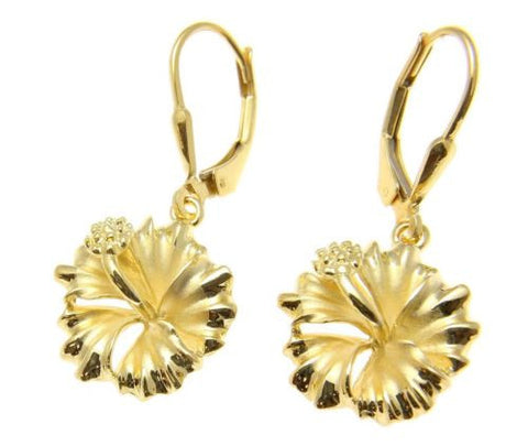 YELLOW ROSE GOLD PLATED SILVER 925 HAWAIIAN HIBISCUS LEVERBACK EARRINGS 15MM