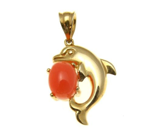 GENIUNE NATURAL PINK CORAL DOLPHIN PENDANT SET IN SOLID 14K YELLOW GOLD 14.50MM