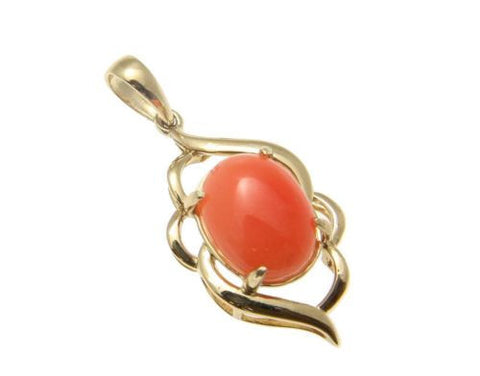 GENUINE NATURAL OVAL CABOCHON PINK CORAL PENDANT IN SOLID 14K YELLOW GOLD