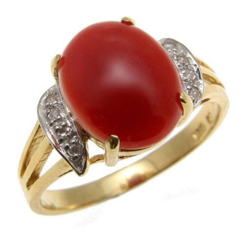 GENUINE NATURAL CABOCHON RED CORAL DIAMOND RING SET IN SOLID 14K YELLOW GOLD