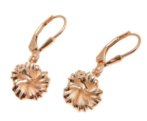 YELLOW ROSE GOLD PLATED SILVER 925 HAWAIIAN HIBISCUS LEVERBACK EARRINGS 10MM