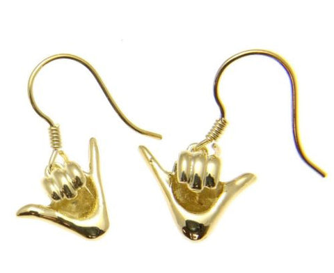 YELLOW GOLD PLATED SILVER 925 HAWAIIAN "SHAKA" HANG LOOSE HOOK LEVERBACK EARRING