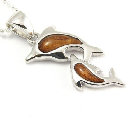 GENUINE INLAY HAWAIIAN KOA WOOD MOTHER BABY DOLPHIN PENDANT 12MM SILVER 925