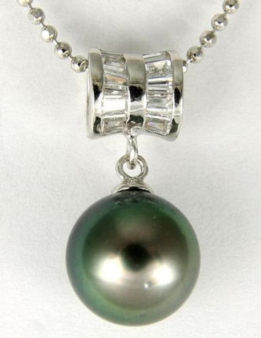 9.05MM GENUINE TAHITIAN PEARL PENDANT SOLID 925 SILVER CZ (18" CHAIN INCLUDED)