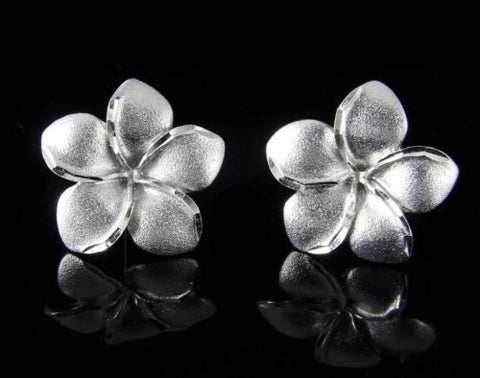 SOLID 14K WHITE GOLD HAWAIIAN PLUMERIA FLOWER STUD EARRINGS DIAMOND CUT 16MM